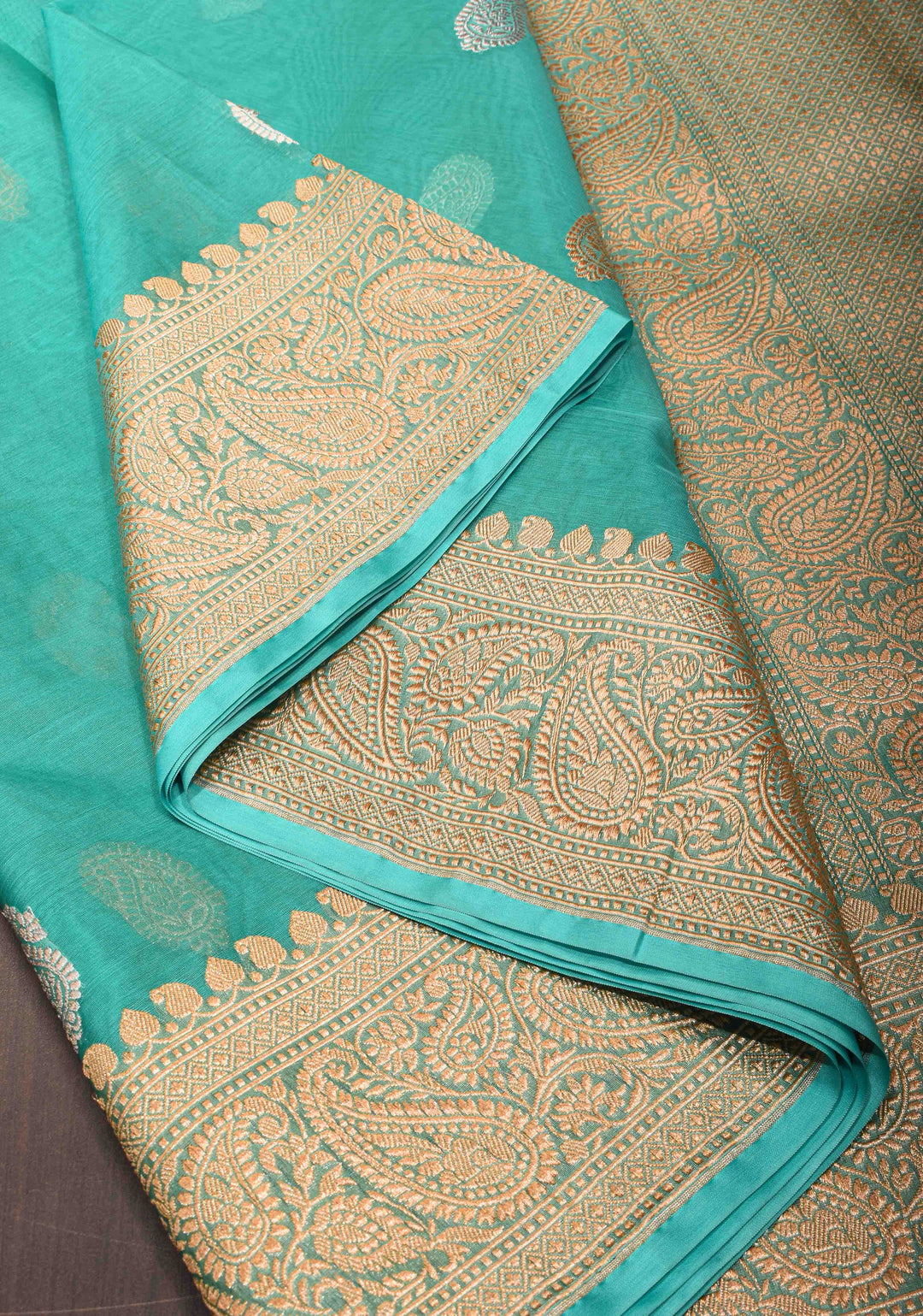 Cyan Pure Banarasi Kora Silk Saree with Sona Rupa Paisley Motifs and Zari Border | SILK MARK CERTIFIED