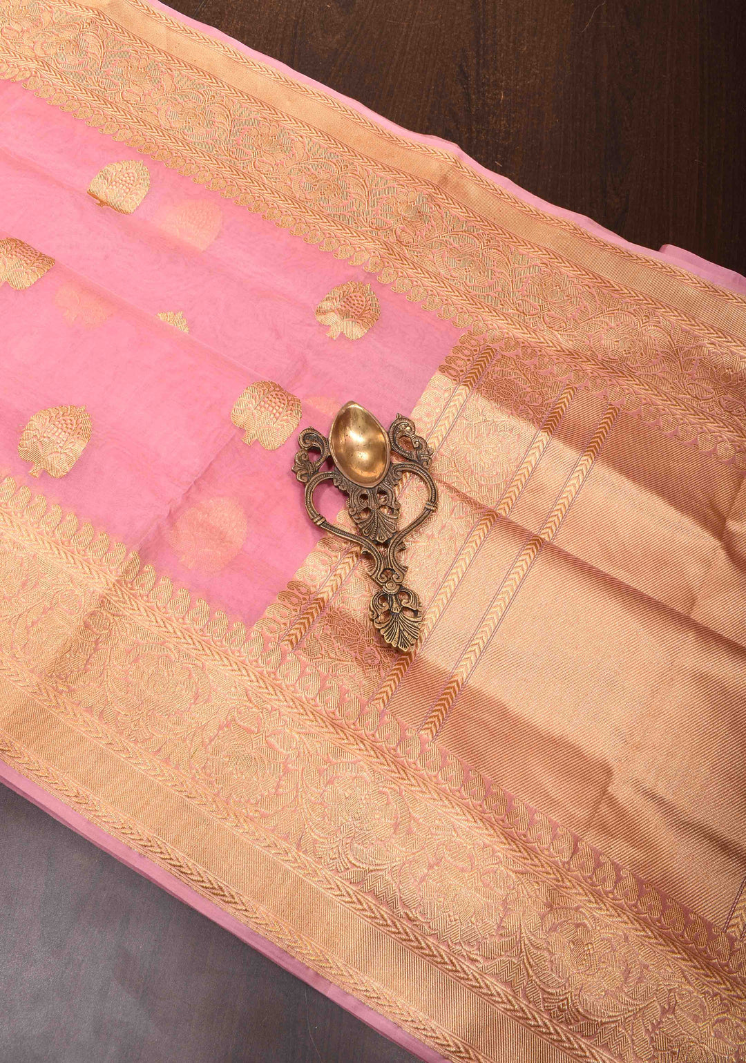 Thistle Pink Banarasi Kora Silk Saree with Sona Rupa Chand Tara Buttas | SILK MARK CERTIFIED