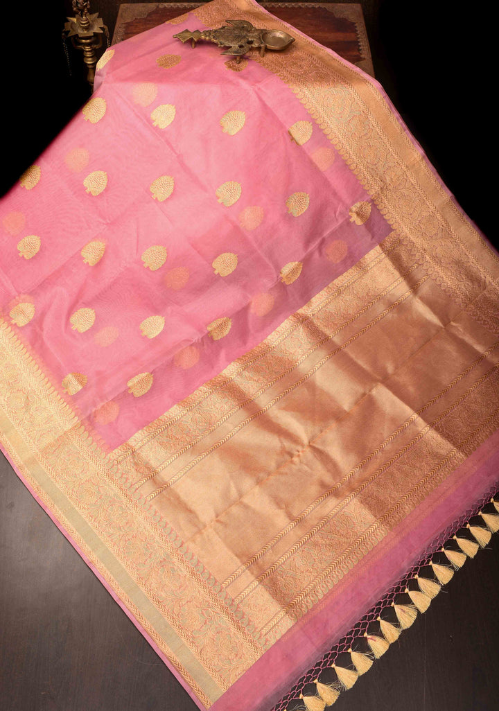 Thistle Pink Banarasi Kora Silk Saree with Sona Rupa Chand Tara Buttas | SILK MARK CERTIFIED