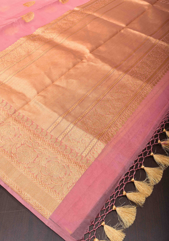 Thistle Pink Banarasi Kora Silk Saree with Sona Rupa Chand Tara Buttas | SILK MARK CERTIFIED