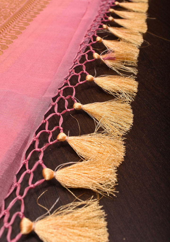 Thistle Pink Banarasi Kora Silk Saree with Sona Rupa Chand Tara Buttas | SILK MARK CERTIFIED