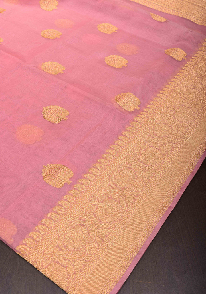 Thistle Pink Banarasi Kora Silk Saree with Sona Rupa Chand Tara Buttas | SILK MARK CERTIFIED