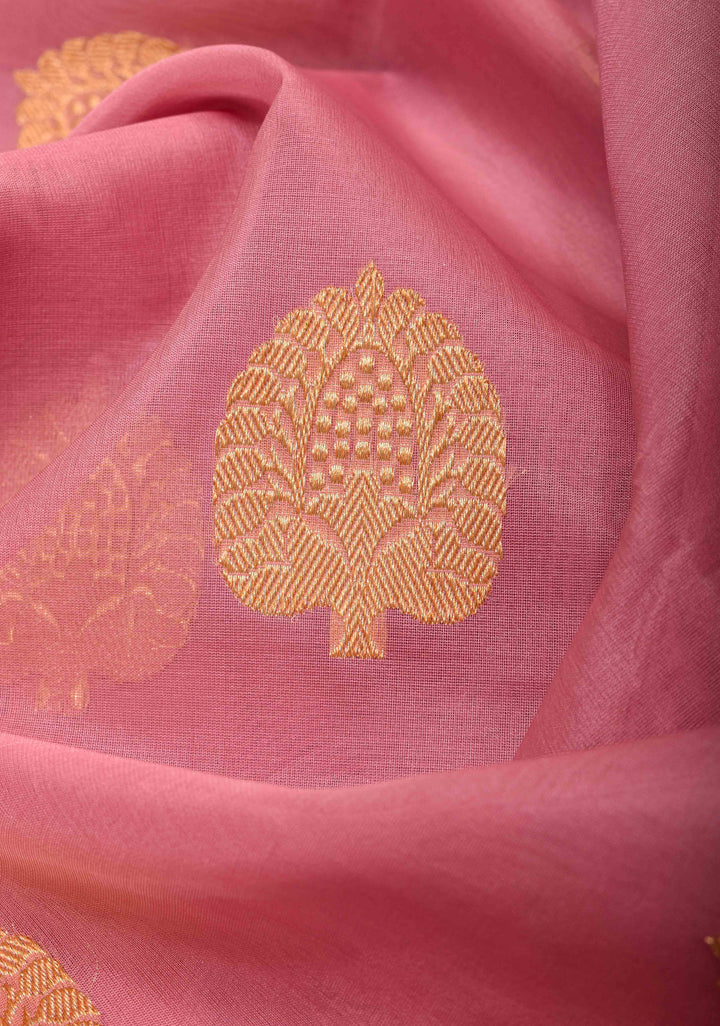 Thistle Pink Banarasi Kora Silk Saree with Sona Rupa Chand Tara Buttas | SILK MARK CERTIFIED
