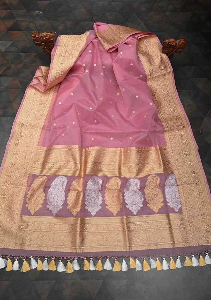 Pink Pure Banarasi Kora Silk Saree with Chunri Buttas and Paisley Grand Pallu | SILK MARK CERTIFIED