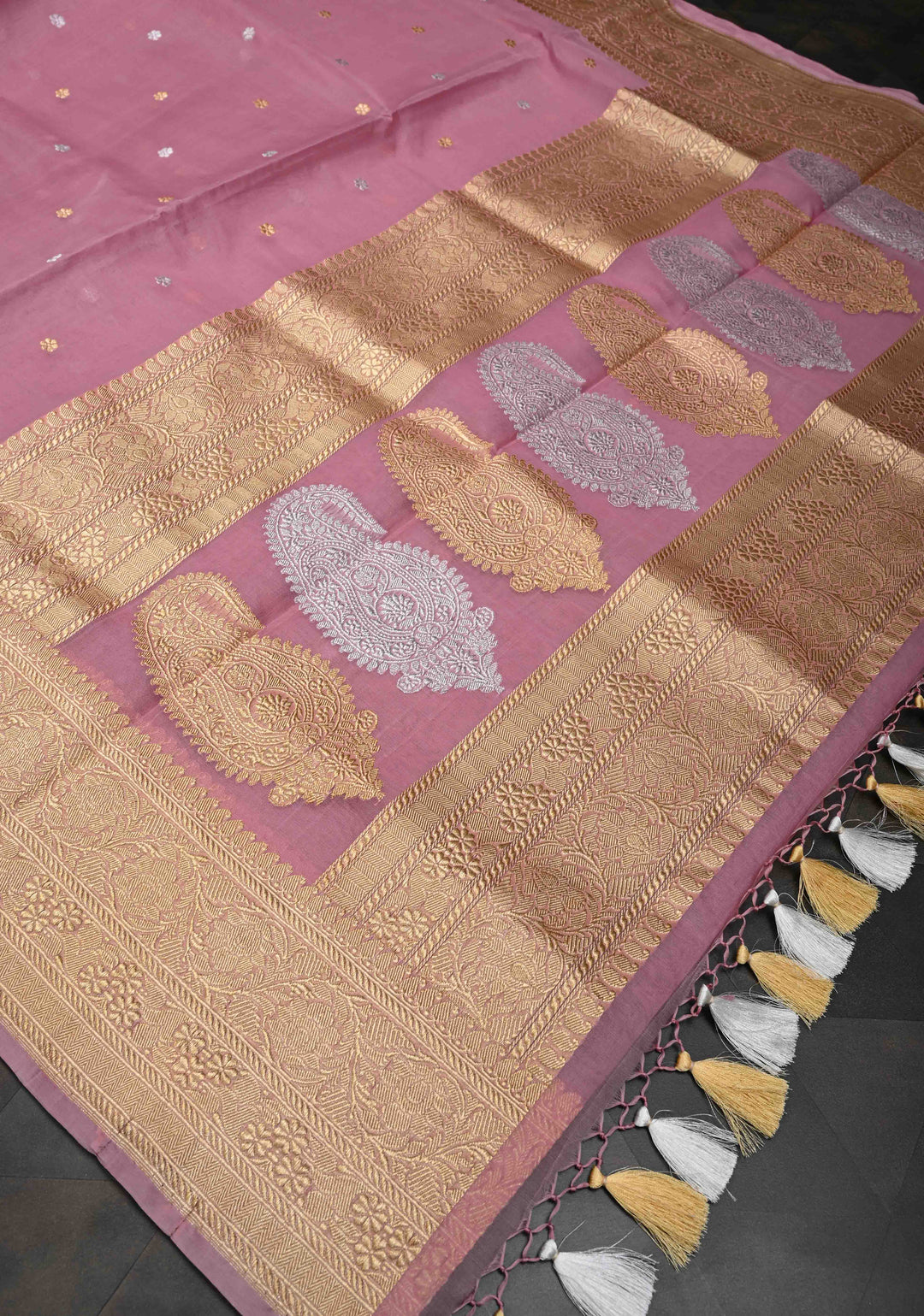 Pink Pure Banarasi Kora Silk Saree with Chunri Buttas and Paisley Grand Pallu | SILK MARK CERTIFIED