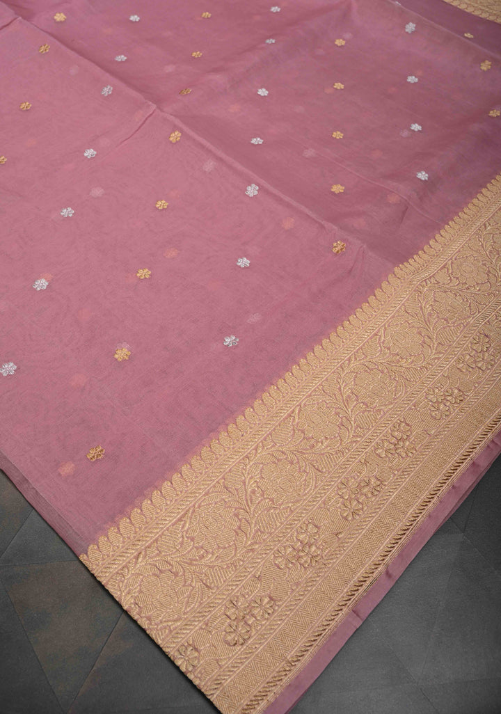 Pink Pure Banarasi Kora Silk Saree with Chunri Buttas and Paisley Grand Pallu | SILK MARK CERTIFIED