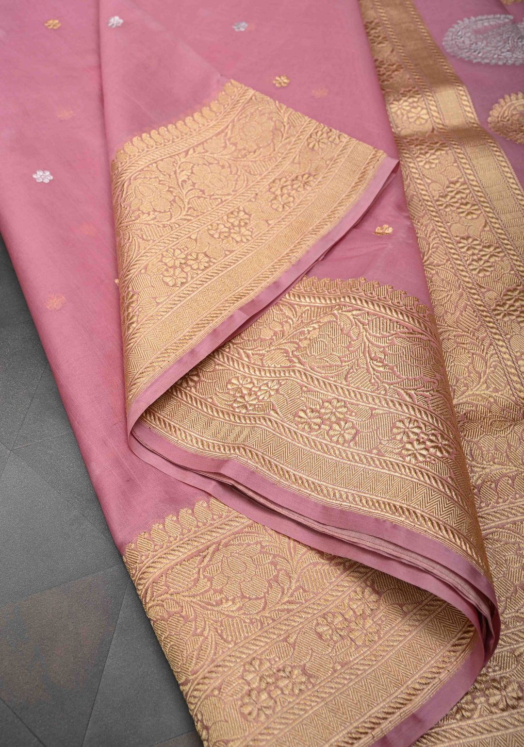 Pink Pure Banarasi Kora Silk Saree with Chunri Buttas and Paisley Grand Pallu | SILK MARK CERTIFIED