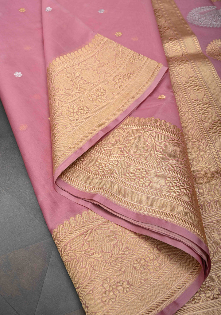 Pink Pure Banarasi Kora Silk Saree with Chunri Buttas and Paisley Grand Pallu | SILK MARK CERTIFIED