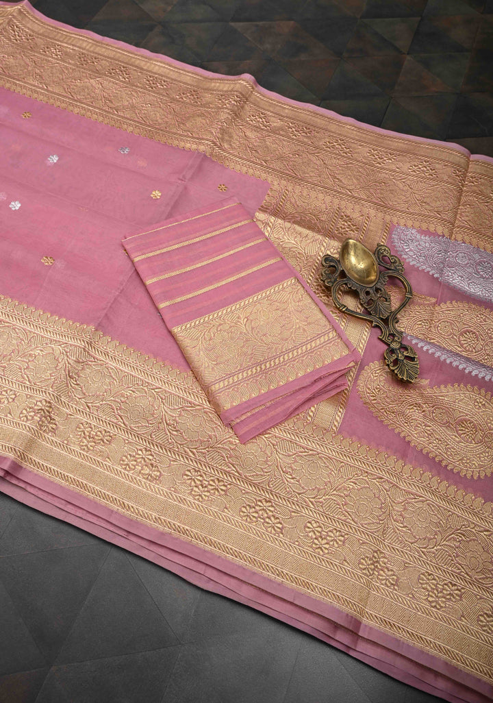 Pink Pure Banarasi Kora Silk Saree with Chunri Buttas and Paisley Grand Pallu | SILK MARK CERTIFIED