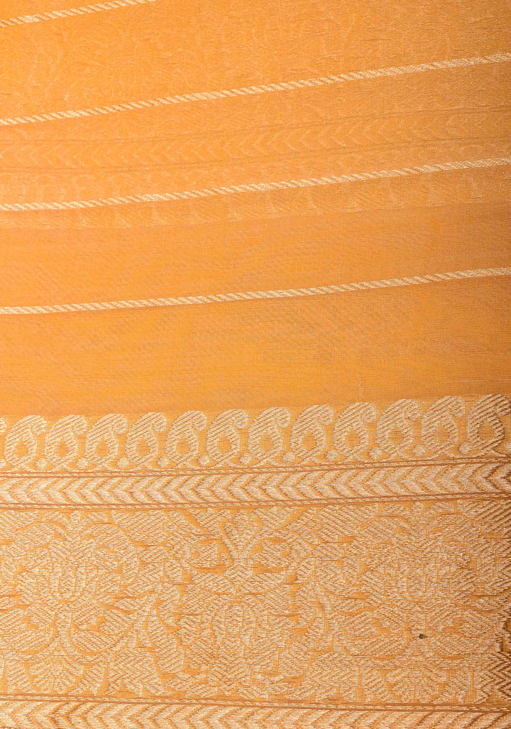 Off White Banarasi Kora Silk Saree with Sona Rupa Buttas and Mango yellow Zari Border | SILK MARK CERTIFIED