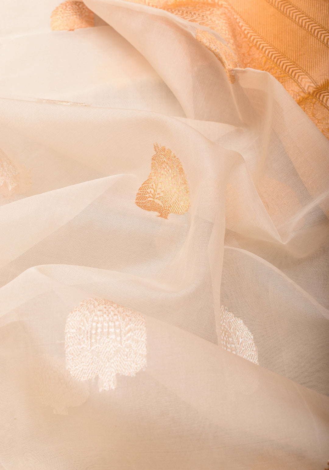 Off White Banarasi Kora Silk Saree with Sona Rupa Buttas and Mango yellow Zari Border | SILK MARK CERTIFIED