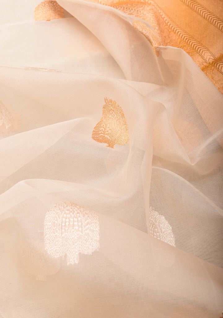 Off White Banarasi Kora Silk Saree with Sona Rupa Buttas and Mango yellow Zari Border | SILK MARK CERTIFIED