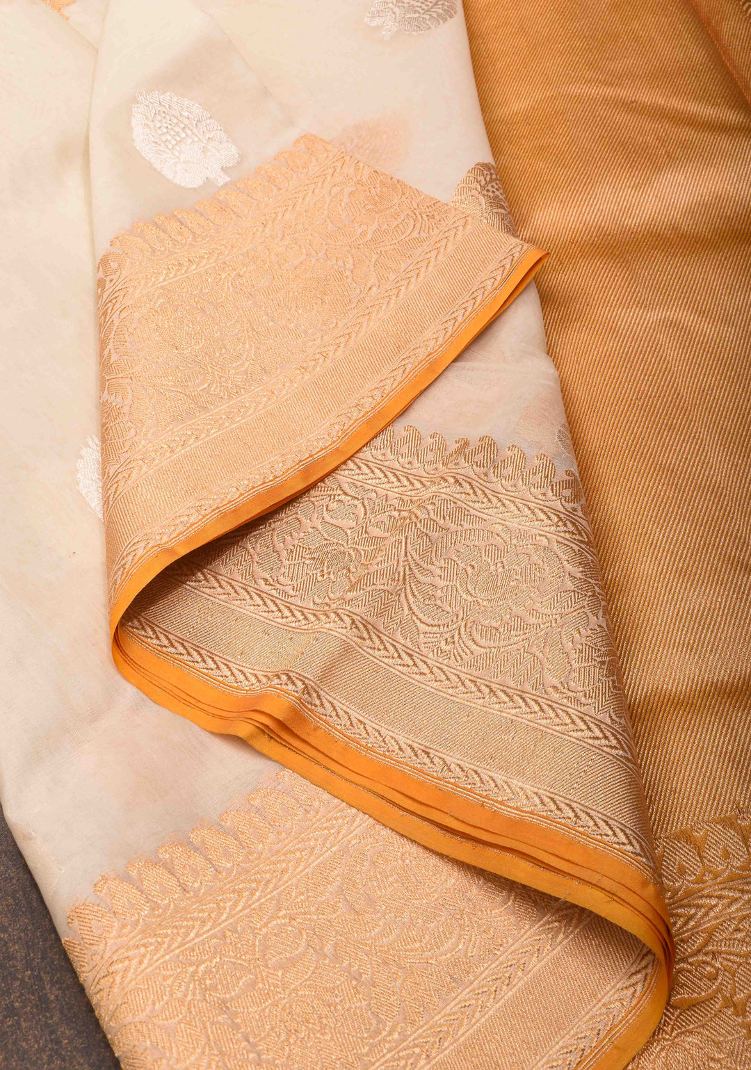 Off White Banarasi Kora Silk Saree with Sona Rupa Buttas and Mango yellow Zari Border | SILK MARK CERTIFIED