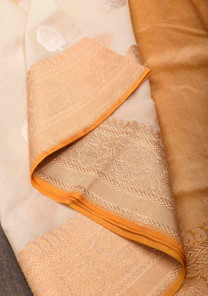 Off White Banarasi Kora Silk Saree with Sona Rupa Buttas and Mango yellow Zari Border | SILK MARK CERTIFIED