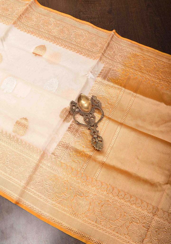 Off White Banarasi Kora Silk Saree with Sona Rupa Buttas and Mango yellow Zari Border | SILK MARK CERTIFIED