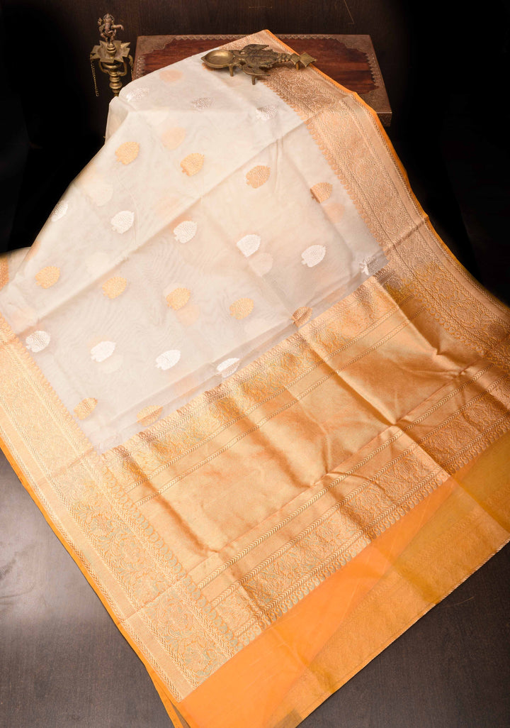Off White Banarasi Kora Silk Saree with Sona Rupa Buttas and Mango yellow Zari Border | SILK MARK CERTIFIED