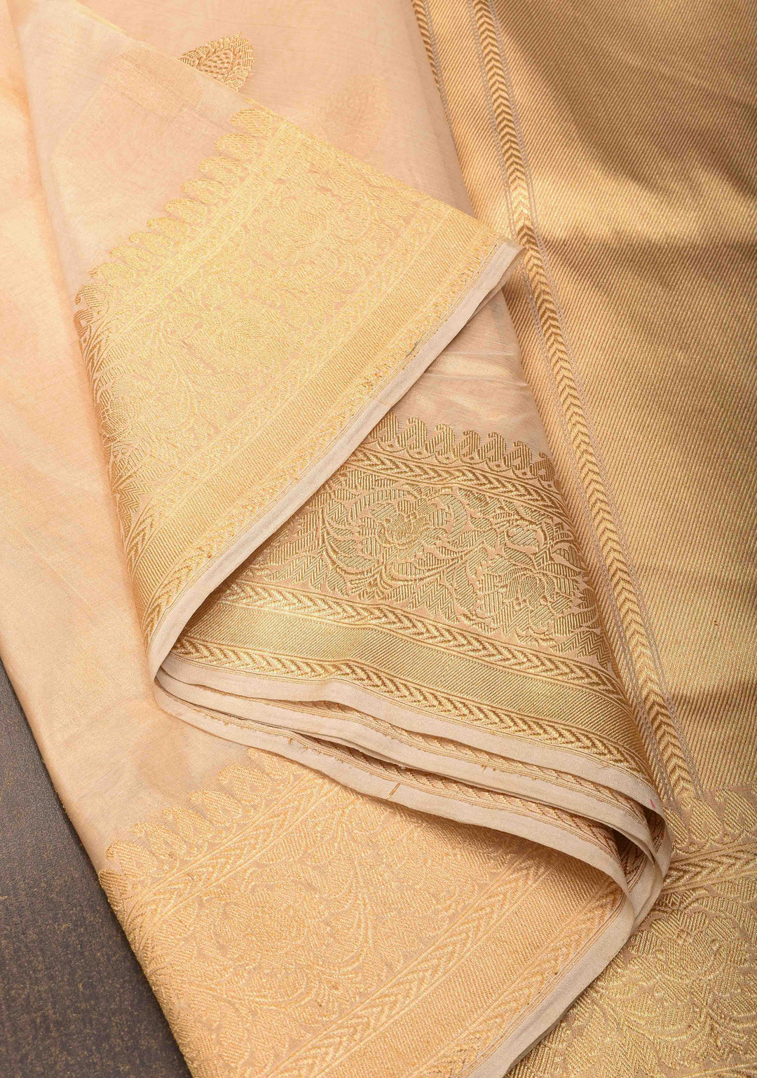 Beige Banarasi Tissue  Silk Saree with Damask Kahuwa Buttas and Zari Border | SILK MARK CERTIFIED