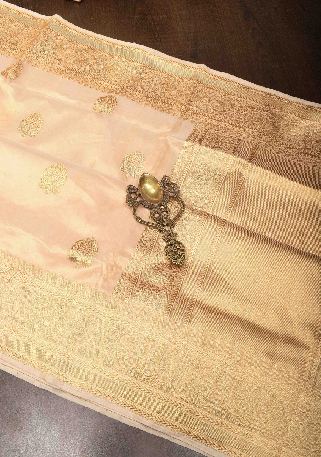 Beige Banarasi Tissue  Silk Saree with Damask Kahuwa Buttas and Zari Border | SILK MARK CERTIFIED