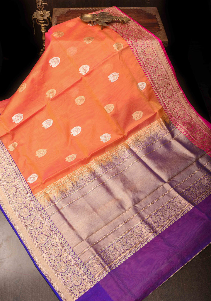 Mustard Dual tone Banarasi Kora Silk Saree with Sona Rupa Buttas and Ganga Jamuna Border | SILK MARK CERTIFIED
