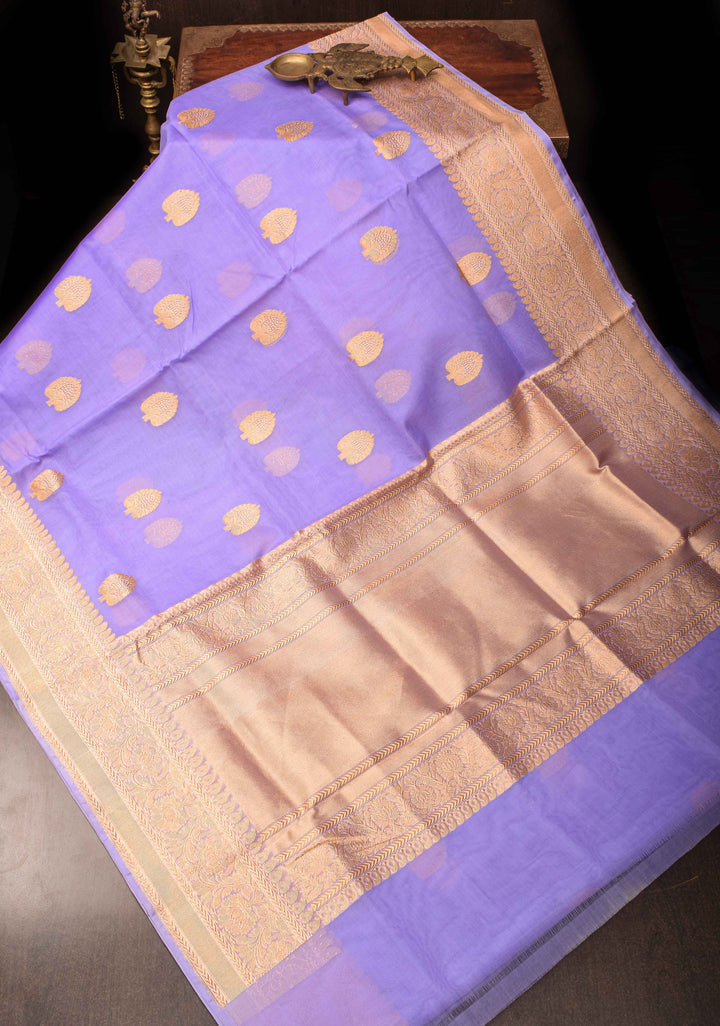 Pastel Periwinkle Banarasi Pure Kora Silk Saree with Damask Buttas and Zari Border | SILK MARK CERTIFIED | SHOBITAM
