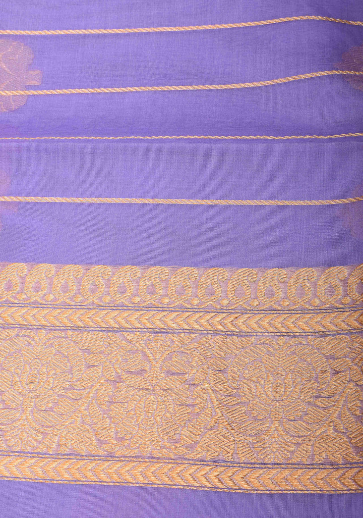 Pastel Periwinkle Banarasi Pure Kora Silk Saree with Damask Buttas and Zari Border | SILK MARK CERTIFIED | SHOBITAM