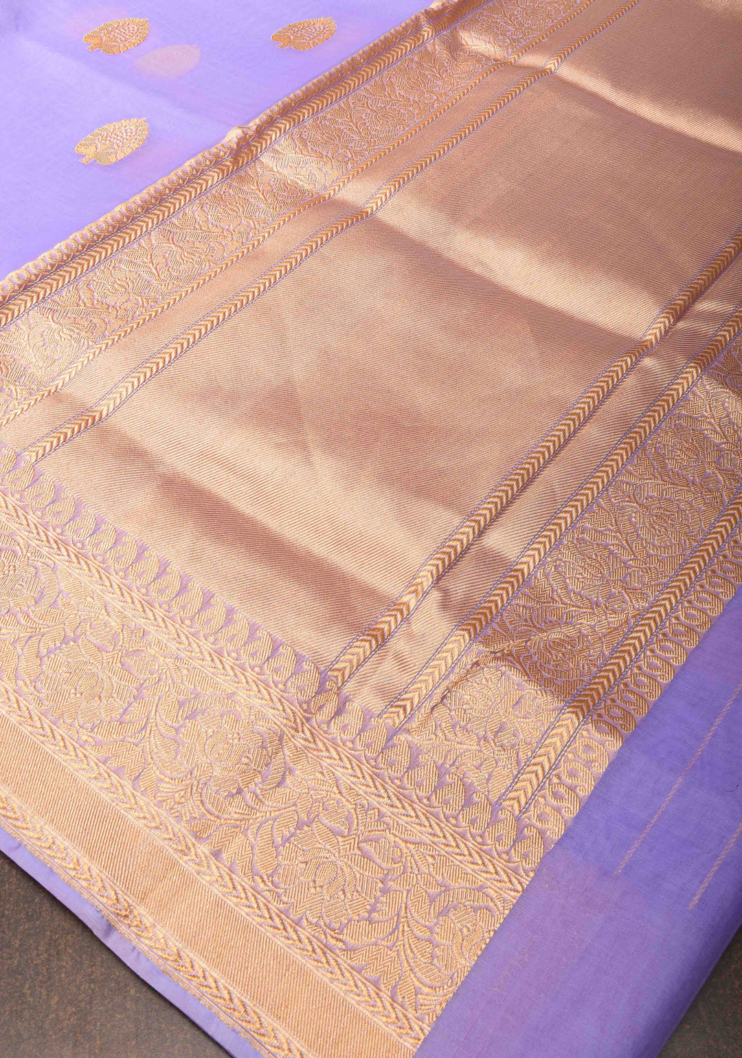 Pastel Periwinkle Banarasi Pure Kora Silk Saree with Damask Buttas and Zari Border | SILK MARK CERTIFIED | SHOBITAM
