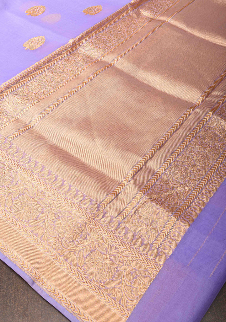 Pastel Periwinkle Banarasi Pure Kora Silk Saree with Damask Buttas and Zari Border | SILK MARK CERTIFIED | SHOBITAM