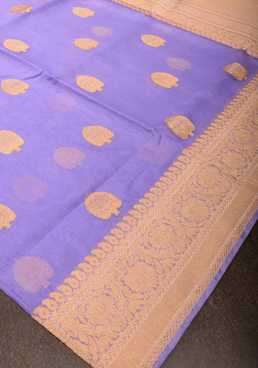Pastel Periwinkle Banarasi Pure Kora Silk Saree with Damask Buttas and Zari Border | SILK MARK CERTIFIED | SHOBITAM
