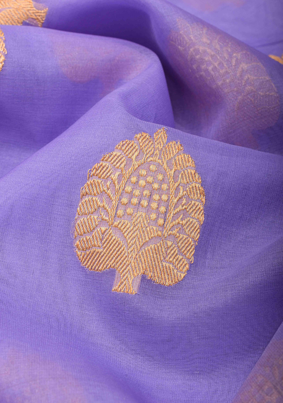 Pastel Periwinkle Banarasi Pure Kora Silk Saree with Damask Buttas and Zari Border | SILK MARK CERTIFIED | SHOBITAM
