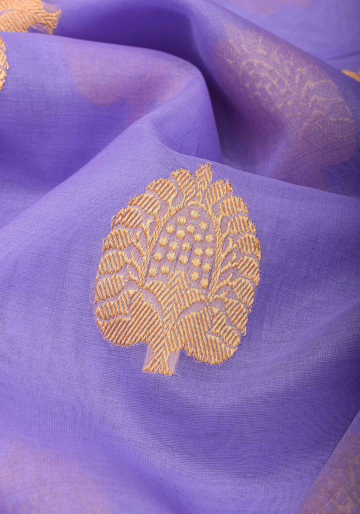 Pastel Periwinkle Banarasi Pure Kora Silk Saree with Damask Buttas and Zari Border | SILK MARK CERTIFIED | SHOBITAM