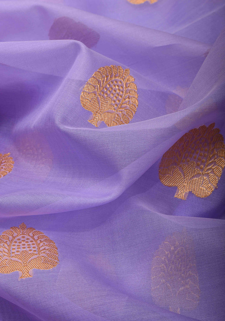 Pastel Periwinkle Banarasi Pure Kora Silk Saree with Damask Buttas and Zari Border | SILK MARK CERTIFIED | SHOBITAM