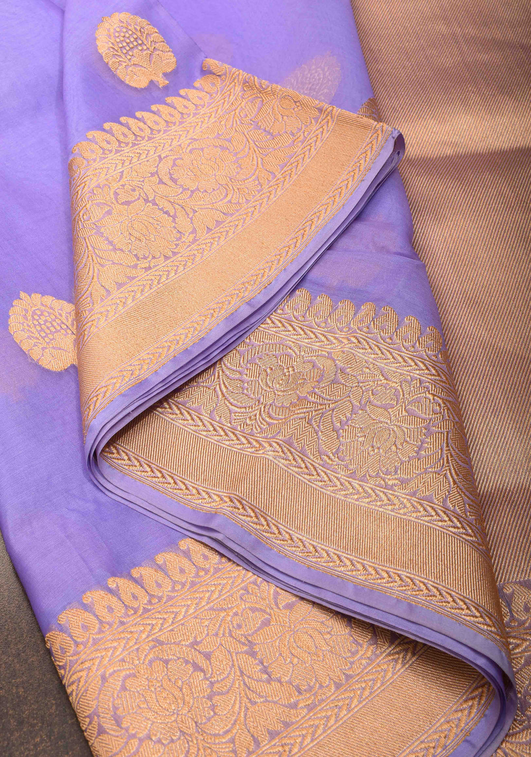 Pastel Periwinkle Banarasi Pure Kora Silk Saree with Damask Buttas and Zari Border | SILK MARK CERTIFIED | SHOBITAM