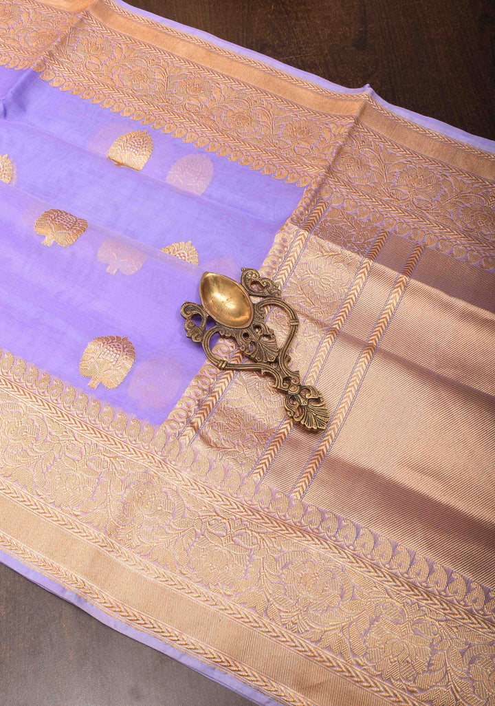 Pastel Periwinkle Banarasi Pure Kora Silk Saree with Damask Buttas and Zari Border | SILK MARK CERTIFIED