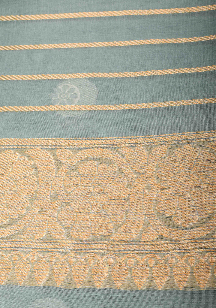Sage Green Pure Kora Silk Banarasi Saree with Iconic Chand Tara Butta and zari border | SILK MARK CERTIFIED