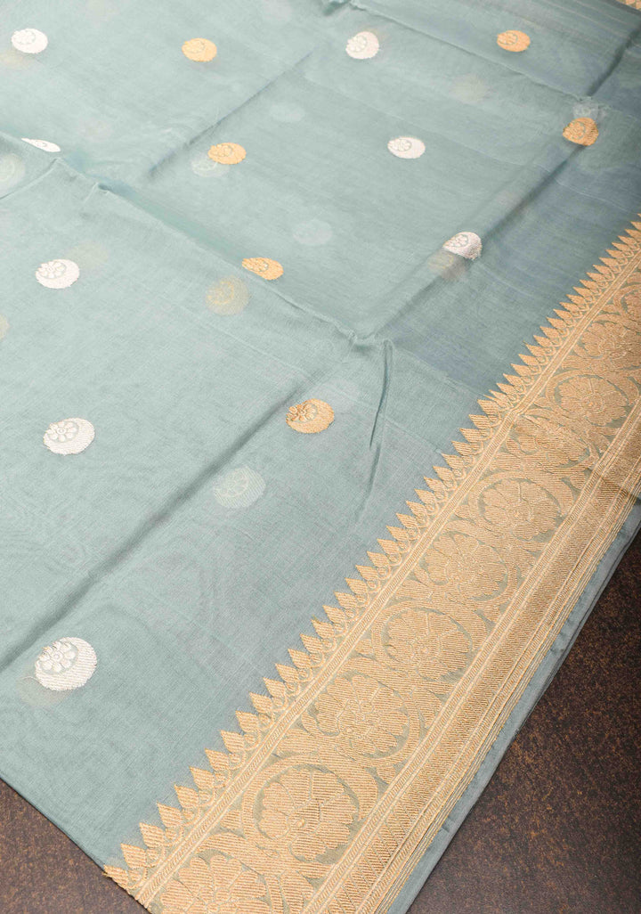Sage Green Pure Kora Silk Banarasi Saree with Iconic Chand Tara Butta and zari border | SILK MARK CERTIFIED