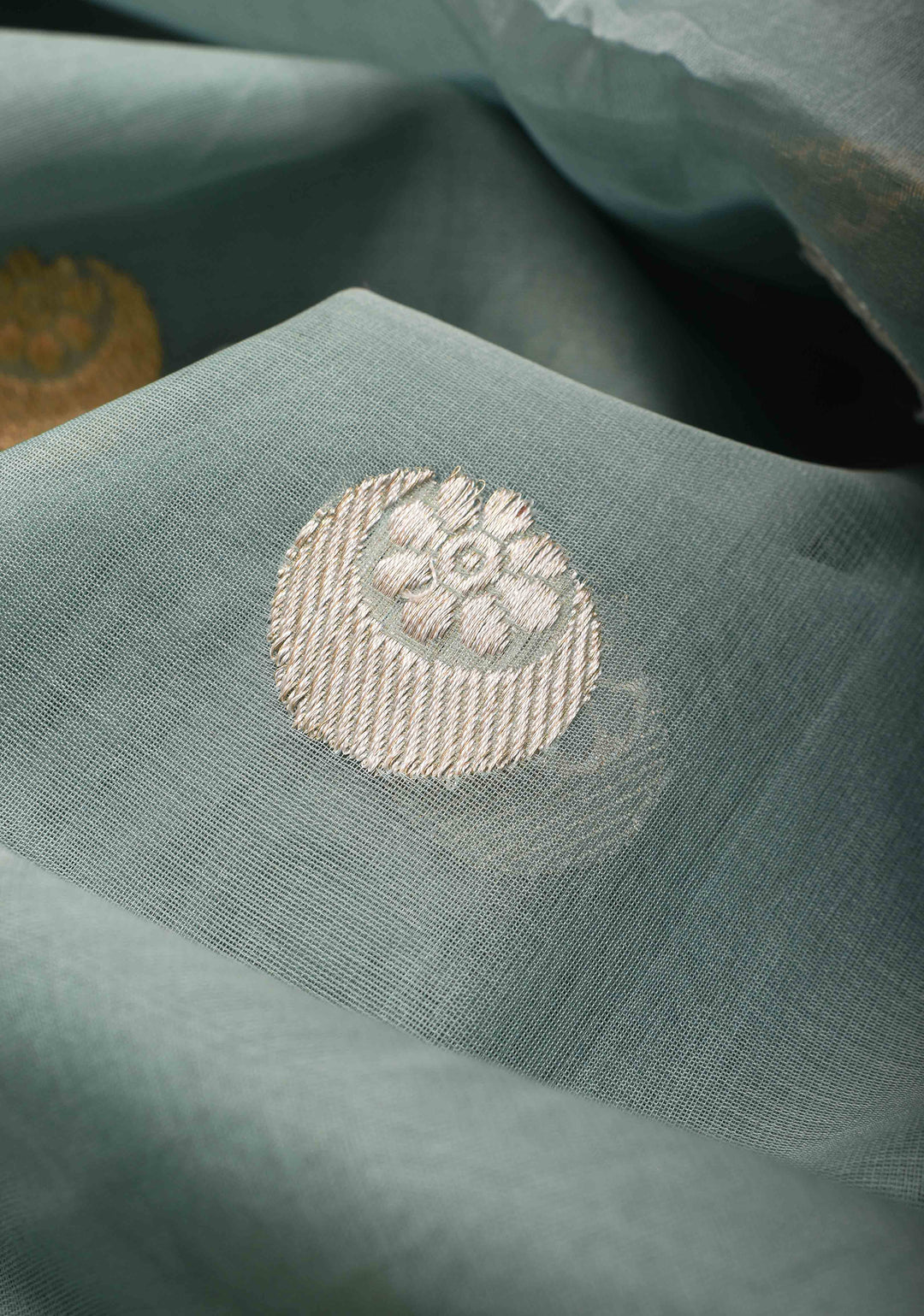 Sage Green Pure Kora Silk Banarasi Saree with Iconic Chand Tara Butta and zari border | SILK MARK CERTIFIED