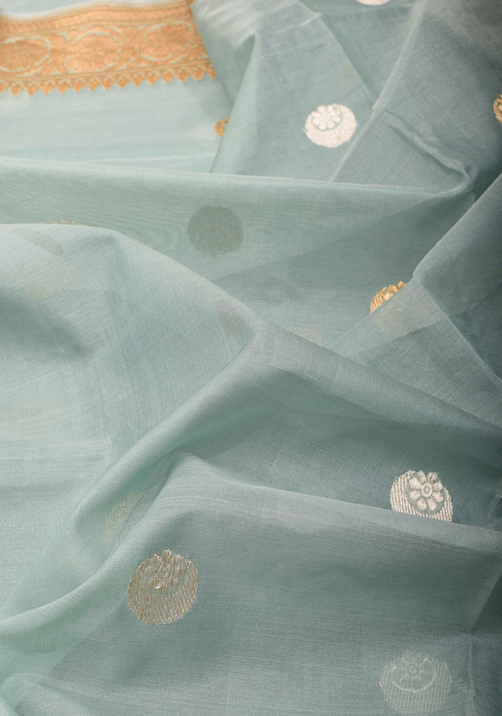 Sage Green Pure Kora Silk Banarasi Saree with Iconic Chand Tara Butta and zari border | SILK MARK CERTIFIED