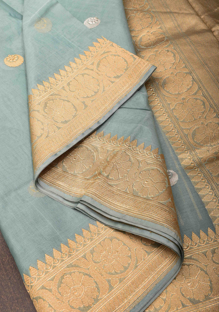 Sage Green Pure Kora Silk Banarasi Saree with Iconic Chand Tara Butta and zari border | SILK MARK CERTIFIED