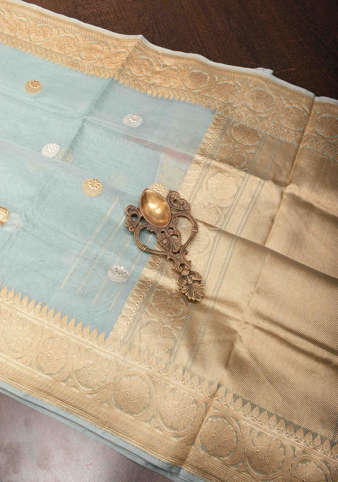 Sage Green Pure Kora Silk Banarasi Saree with Iconic Chand Tara Butta and zari border | SILK MARK CERTIFIED