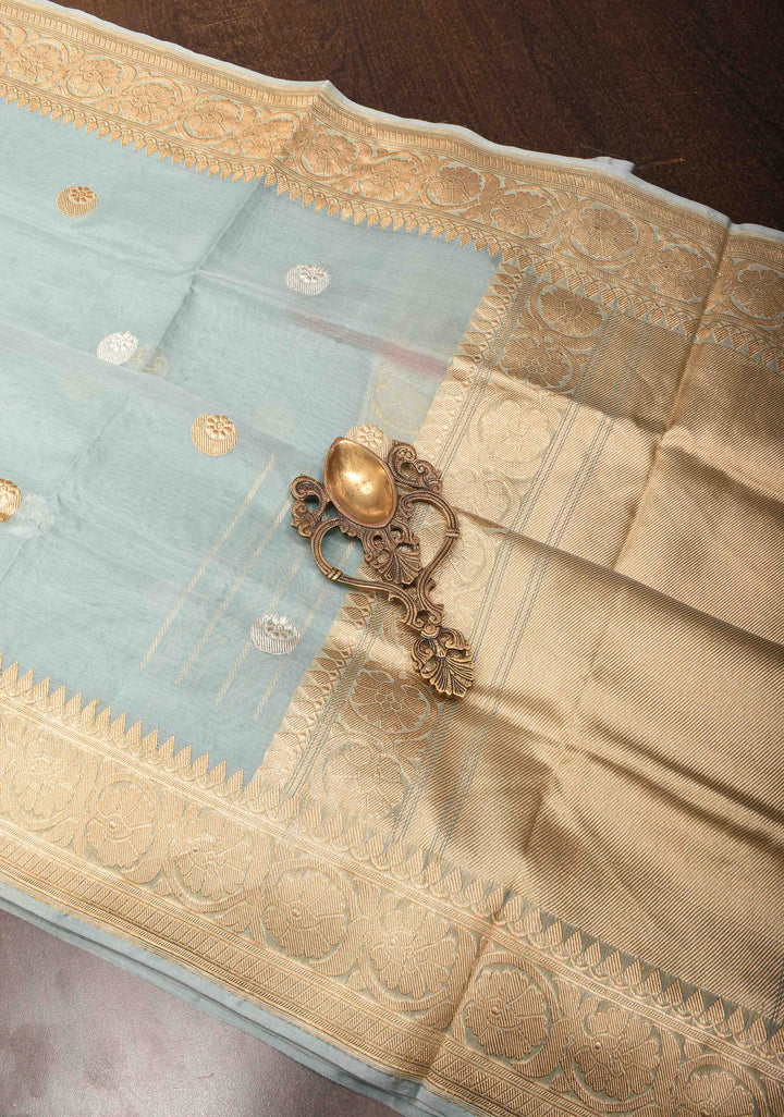 Sage Green Pure Kora Silk Banarasi Saree with Iconic Chand Tara Butta and zari border | SILK MARK CERTIFIED