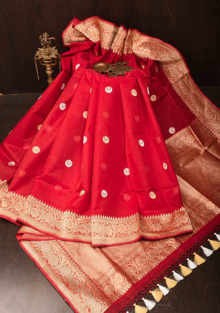 Scarlet Red Banarasi Kora Silk Saree with Sona Rupa Chand Tara Buttas and Zari Border | SILK MARK CERTIFIED