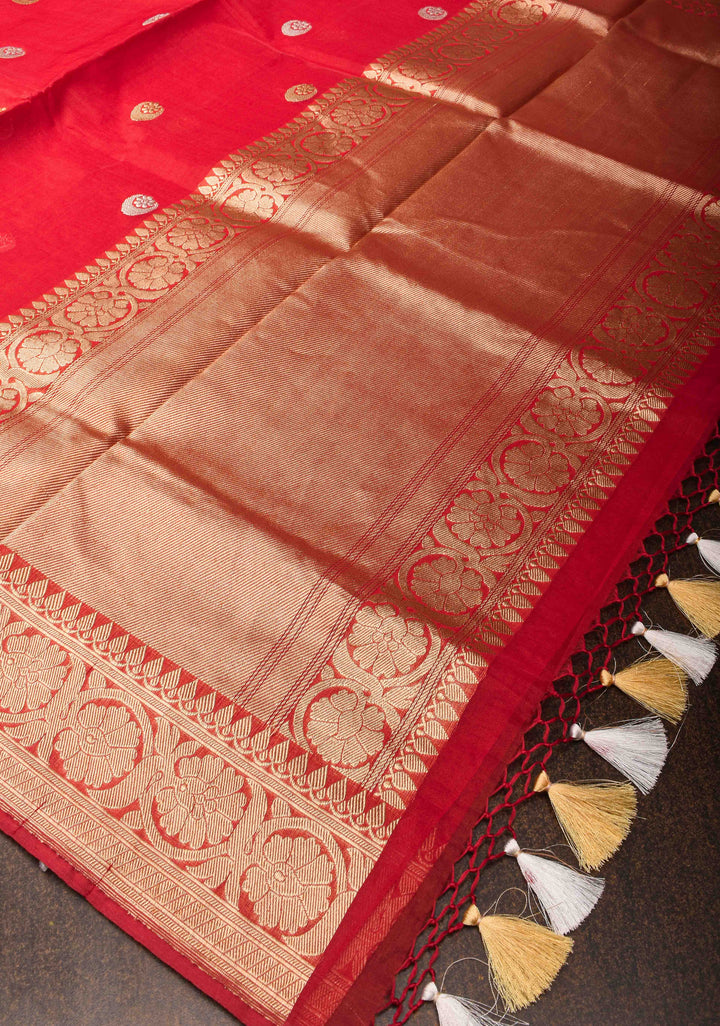 Scarlet Red Banarasi Kora Silk Saree with Sona Rupa Chand Tara Buttas and Zari Border | SILK MARK CERTIFIED