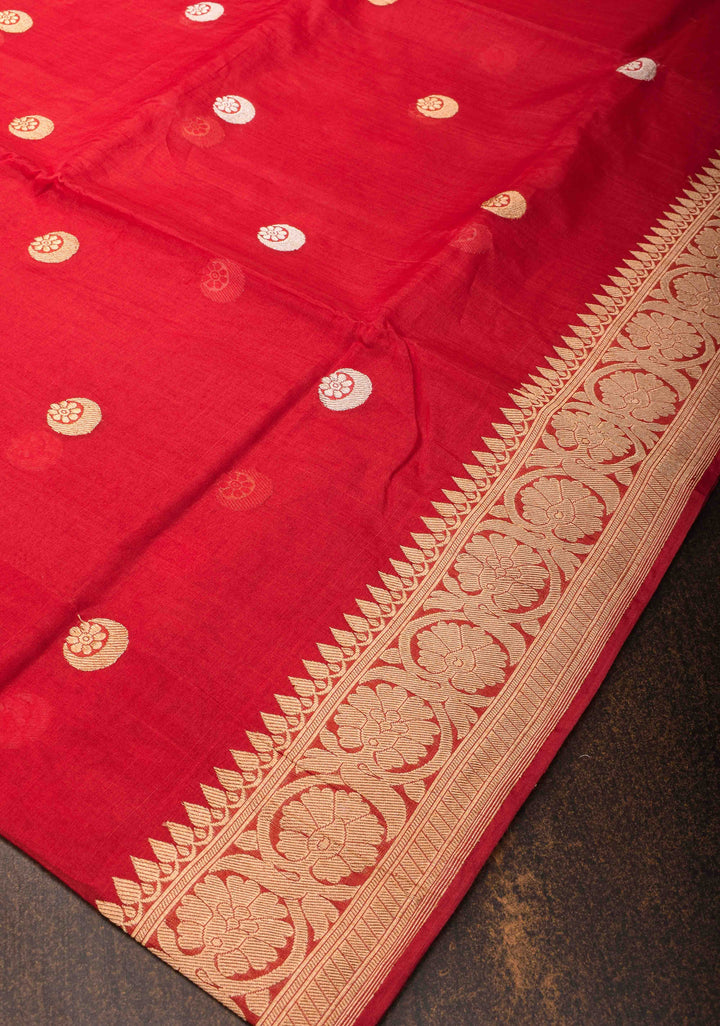 Scarlet Red Banarasi Kora Silk Saree with Sona Rupa Chand Tara Buttas and Zari Border | SILK MARK CERTIFIED