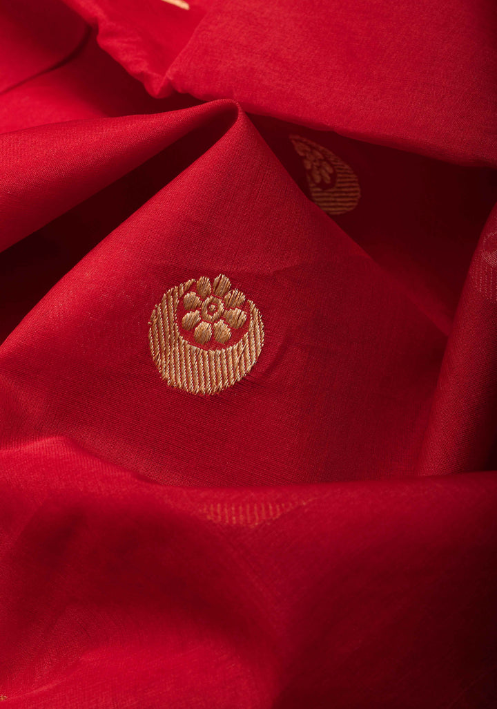 Scarlet Red Banarasi Kora Silk Saree with Sona Rupa Chand Tara Buttas and Zari Border | SILK MARK CERTIFIED