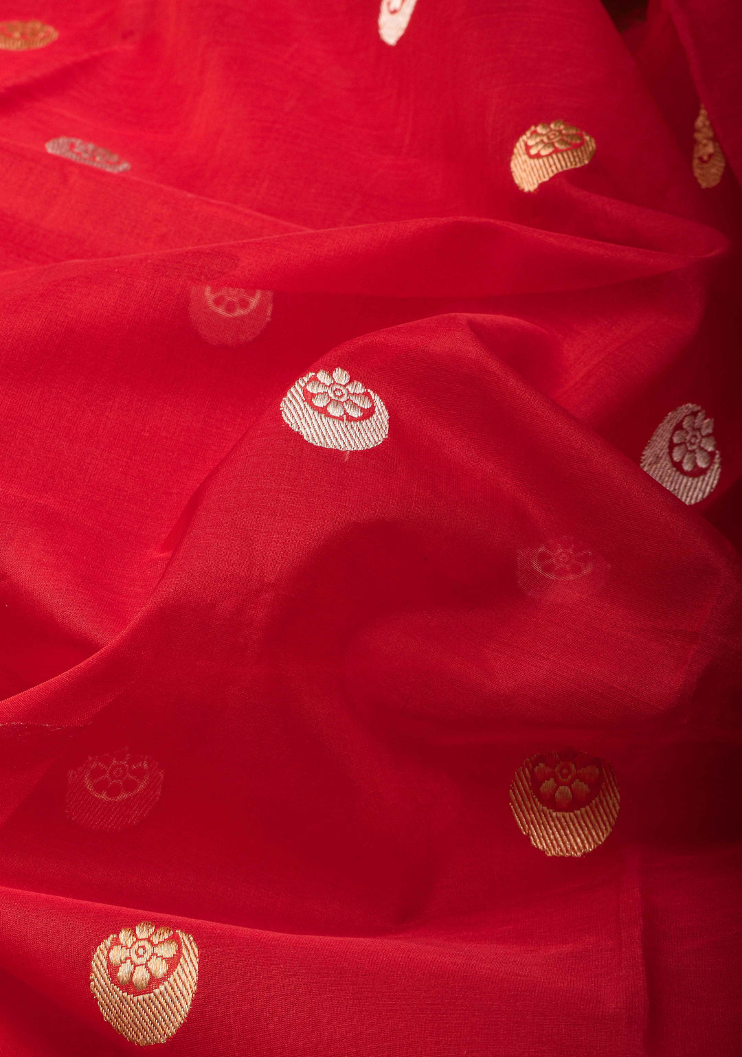 Scarlet Red Banarasi Kora Silk Saree with Sona Rupa Chand Tara Buttas and Zari Border | SILK MARK CERTIFIED