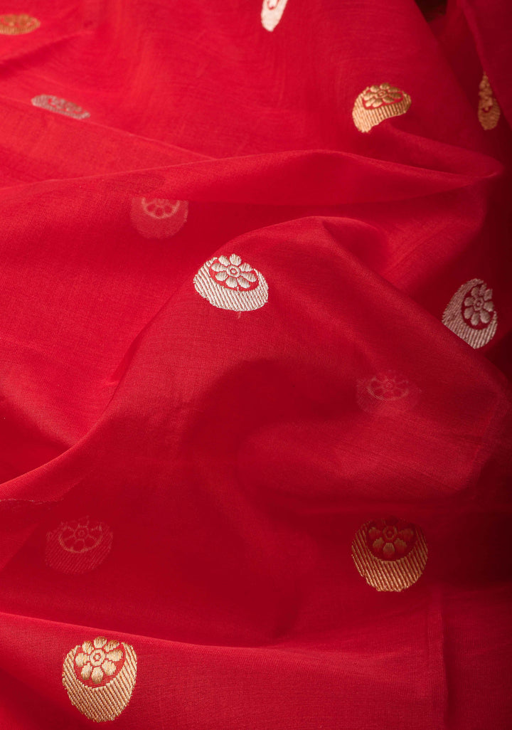 Scarlet Red Banarasi Kora Silk Saree with Sona Rupa Chand Tara Buttas and Zari Border | SILK MARK CERTIFIED