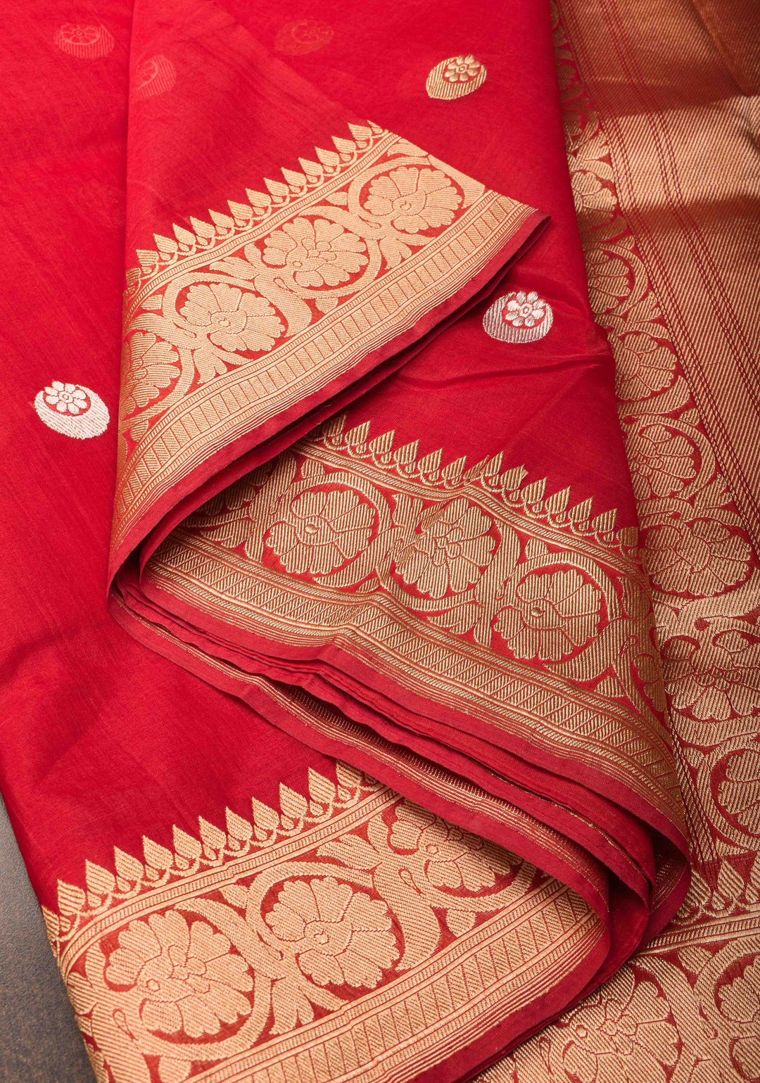 Scarlet Red Banarasi Kora Silk Saree with Sona Rupa Chand Tara Buttas and Zari Border | SILK MARK CERTIFIED