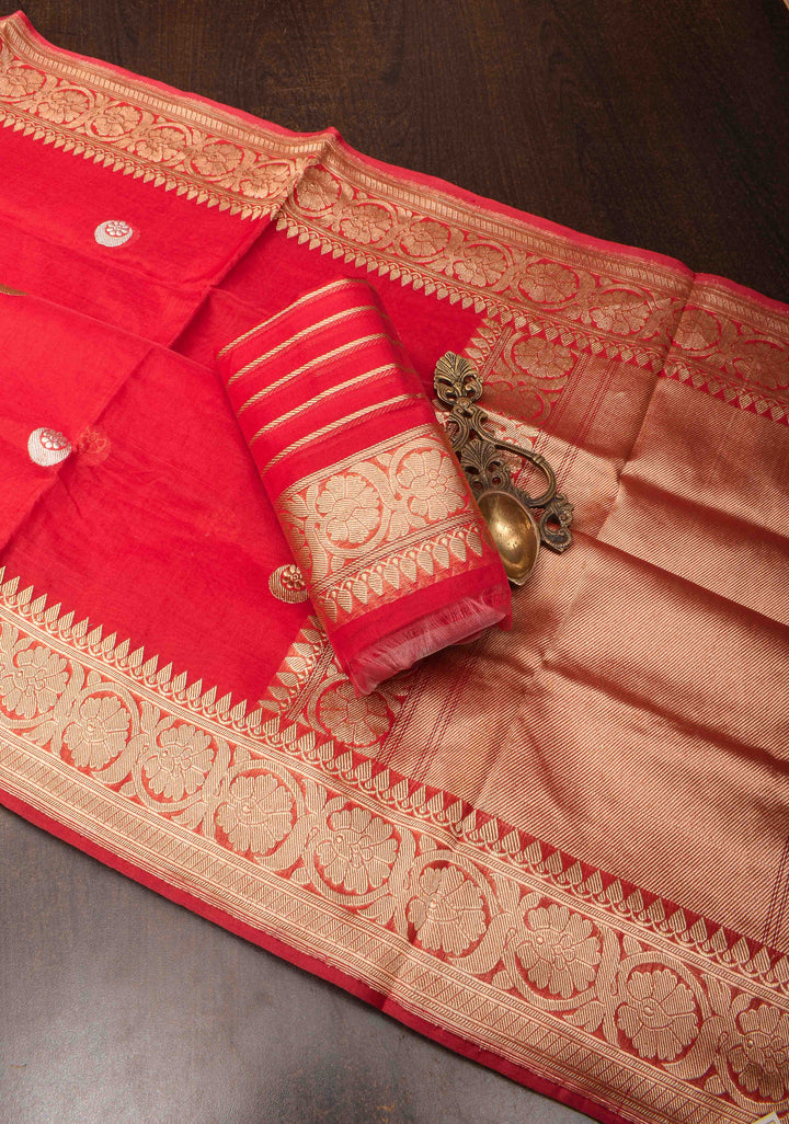 Scarlet Red Banarasi Kora Silk Saree with Sona Rupa Chand Tara Buttas and Zari Border | SILK MARK CERTIFIED