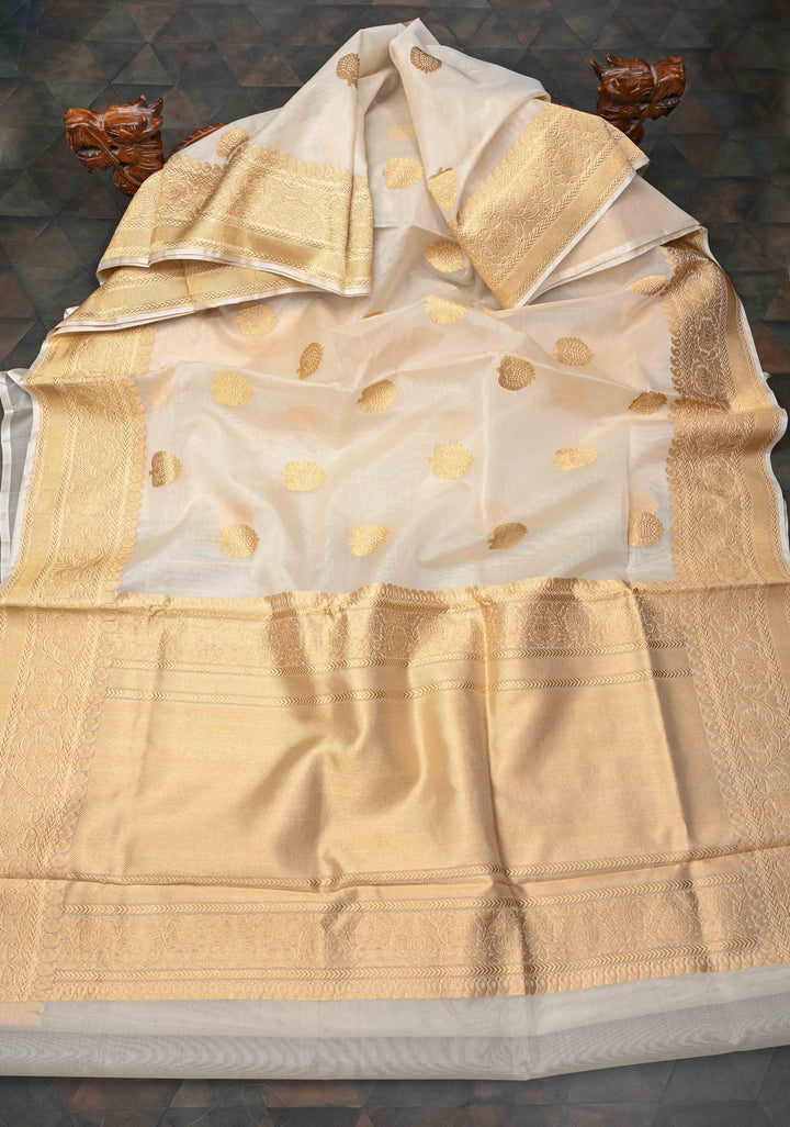 Exquisite Cream Banarasi Kora Silk Saree with Zari Motifs and Border | SILK MARK CERTIFIED