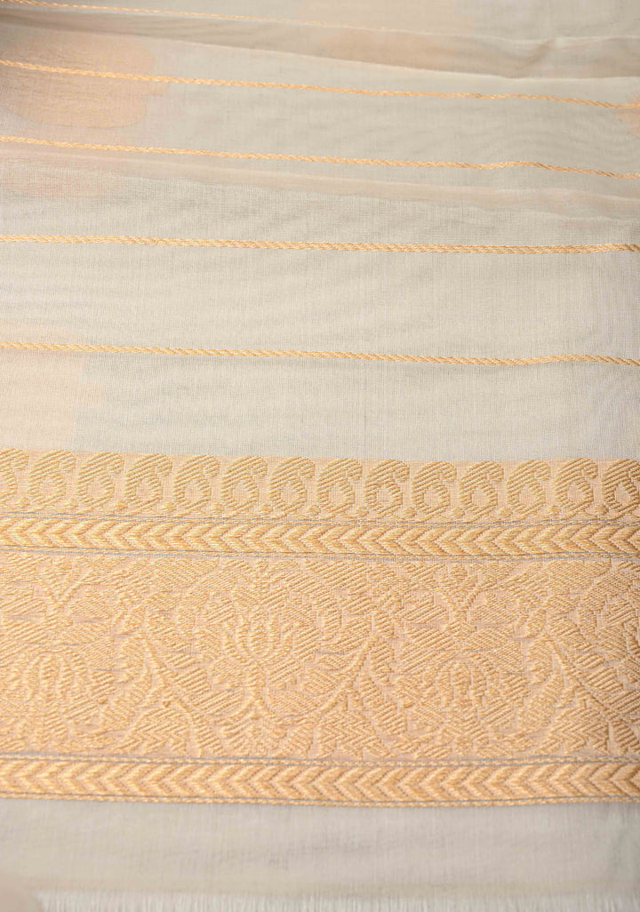 Exquisite Cream Banarasi Kora Silk Saree with Zari Motifs and Border | SILK MARK CERTIFIED